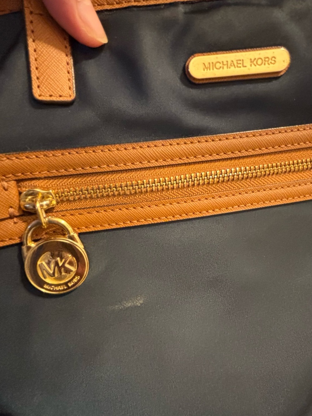 Michael Kors Navy Blue Tote with Brown Trim and Gold Hardware - Picture 3 of 9